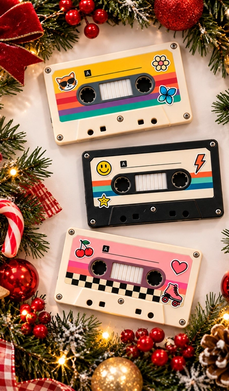 Personalised cassette song gifts surrounded by Christmas decorations
