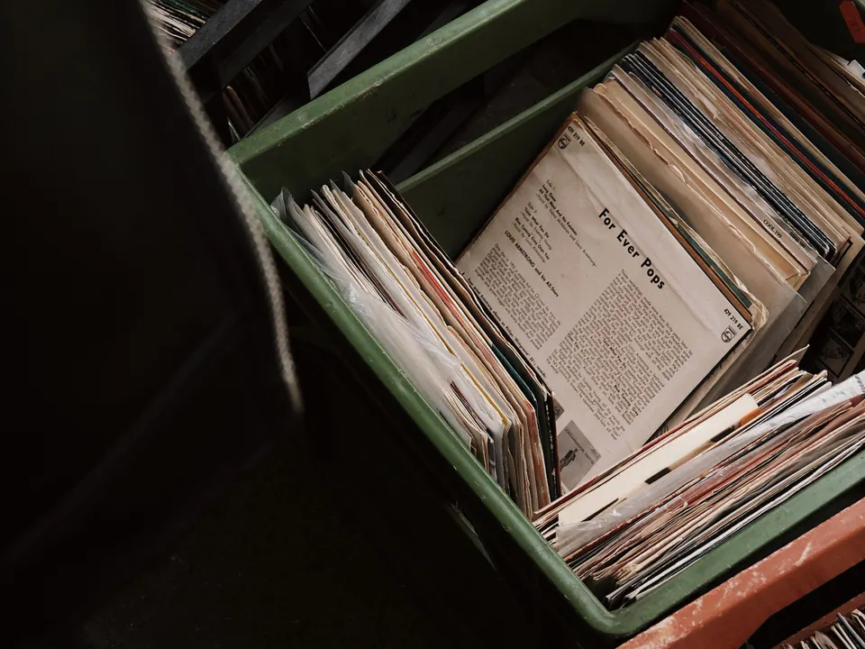 A crate of vinyl records in an independent record shop