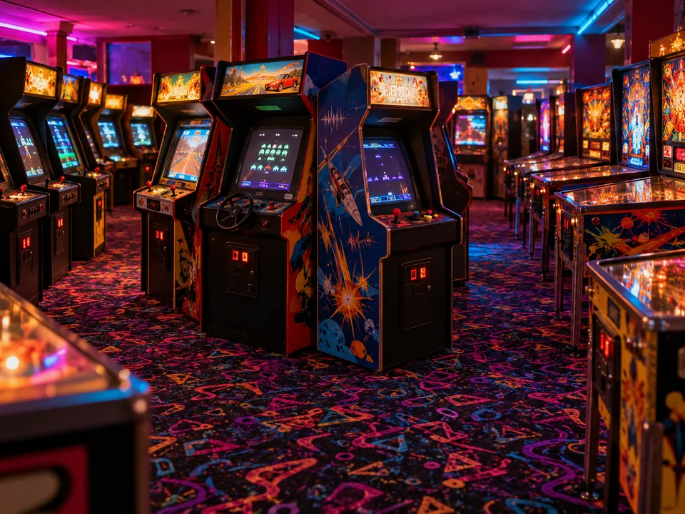 Rows of retro arcade machines and pinball tables lit by colourful neon lights
