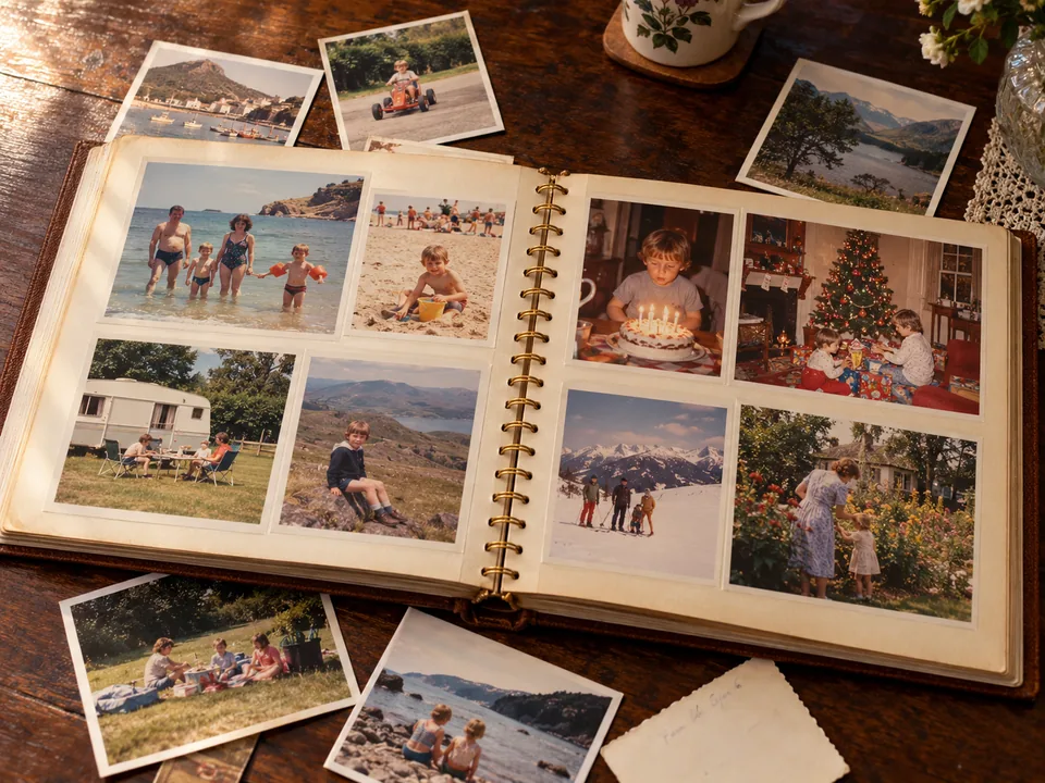 An open family photo album filled with colourful 1980s holiday, birthday and Christmas photographs