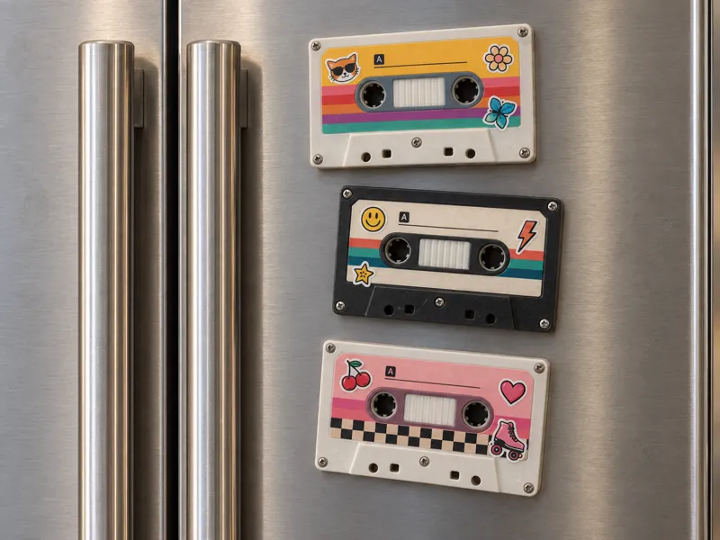 Three personalised cassette fridge magnet designs on a stainless steel fridge