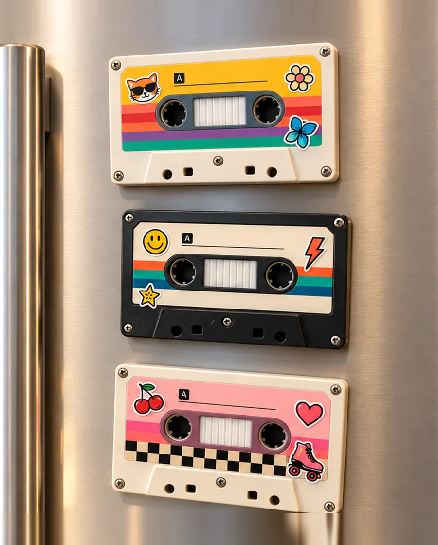 Three personalised song cassette fridge magnets in colourful designs