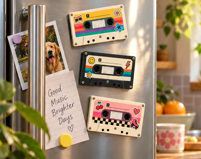Personalised song cassette gifts displayed on a kitchen fridge